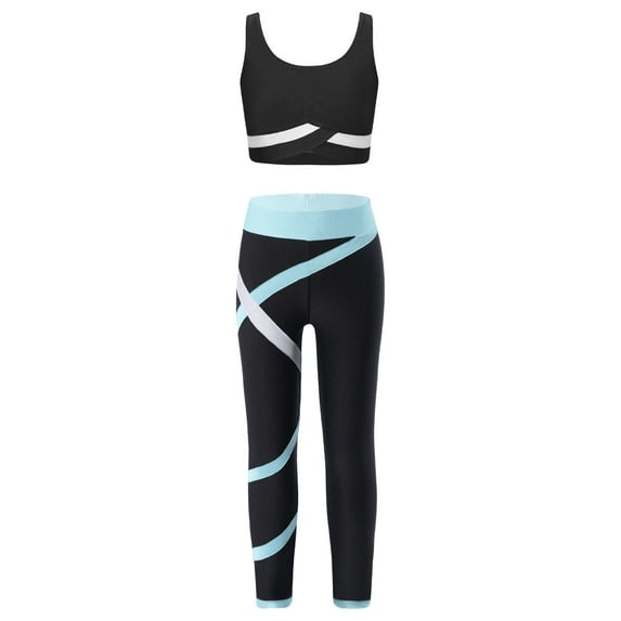Eandarui Kids Girls Sport Tank Top Bra with Leggings Set Athletic Gymnastics Dance Outfits Yoga Gym Black&Light Blue 8