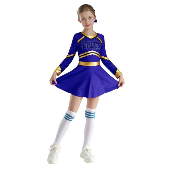 Eandarui Kids Glittery Letter Printed V Neck Dress High School Girls Cheerleading Dance Dresses Blue 10