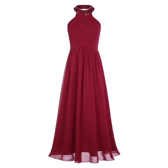 Eandarui Kids Halter Long Chiffon Flower Girl Dress for Teen Girls Pageant Party Gowns A Line Junior Burgundy 12