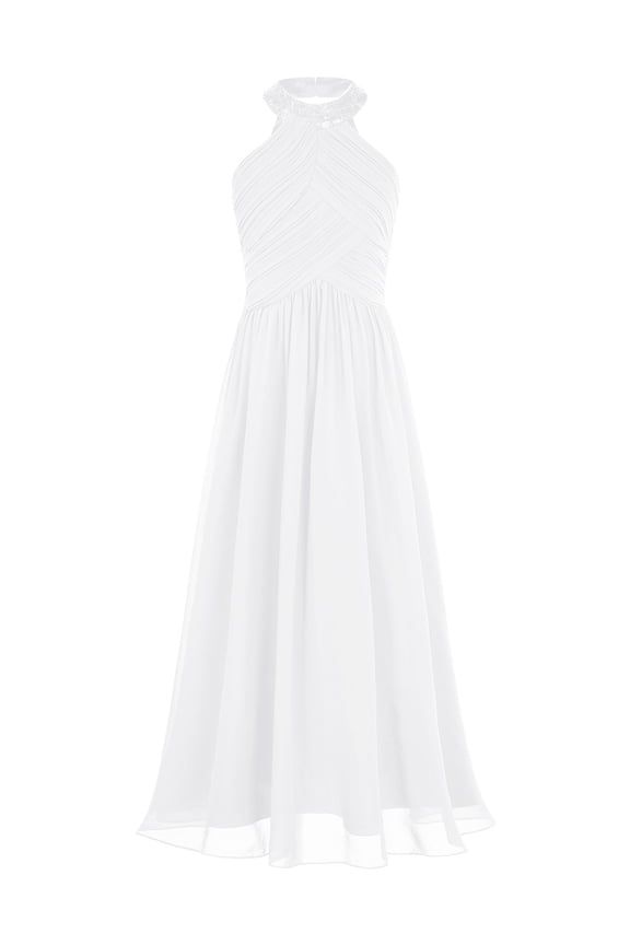 Kids Halter Long Chiffon Flower Girl Dress for Teen Girls Pageant Party Gowns A Line Junior Ivory 14