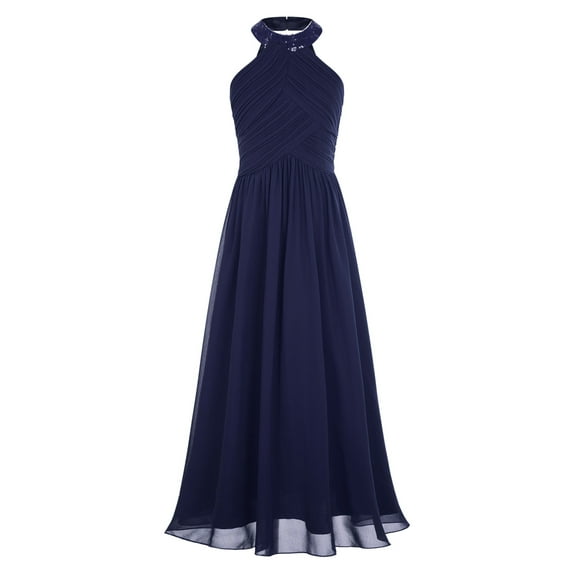 Eandarui Kids Halter Long Chiffon Flower Girl Dress for Teen Girls Pageant Party Gowns A Line Junior Navy Blue 16
