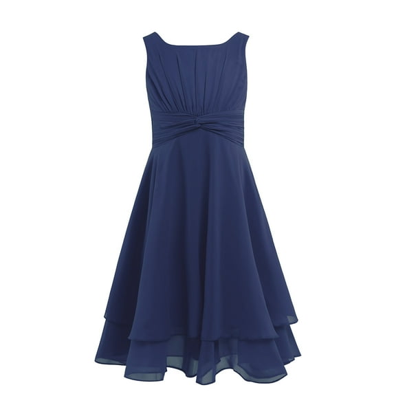 Eandarui Kids Sleeveless Flower Girls Dress Knotted Waist Chiffon Evening Dress Pageant Wedding Navy Blue 14