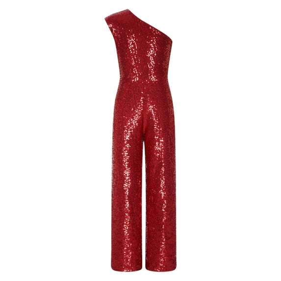 Eandarui Kids Sparkly Sequin One Shoulder Jumpsuit High Waist Long Leg Romper Birthday Party Fancy Burgundy 14