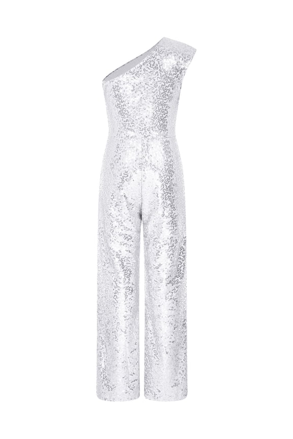 Kids Sparkly Sequin One Shoulder Jumpsuit High Waist Long Leg Romper Birthday Party Fancy Silver 12