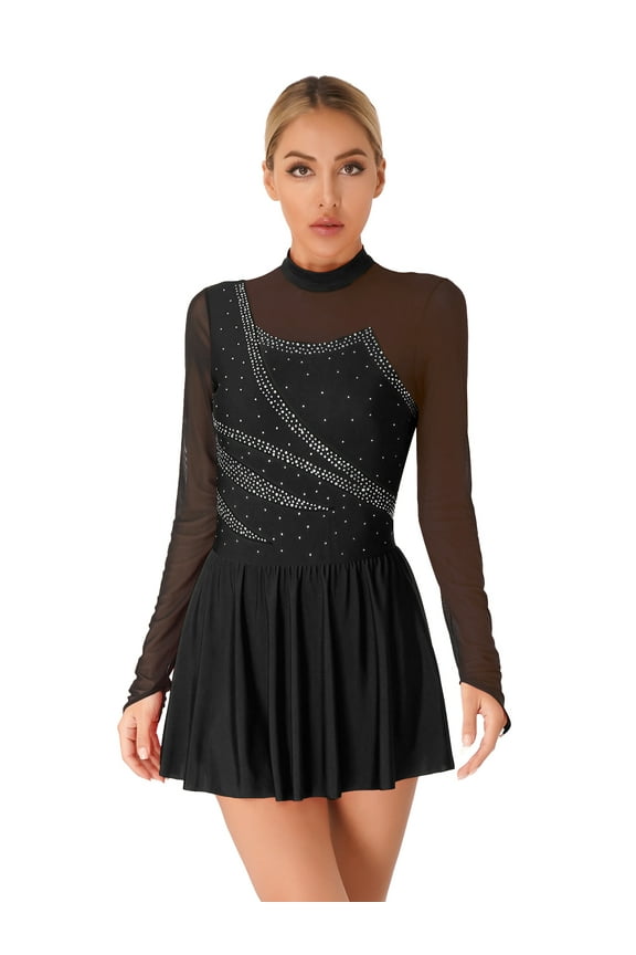 Lady's Skating Costume Figure Skating Dress Cutout Back Ballet Dance Leotard Long Sleeve Black S