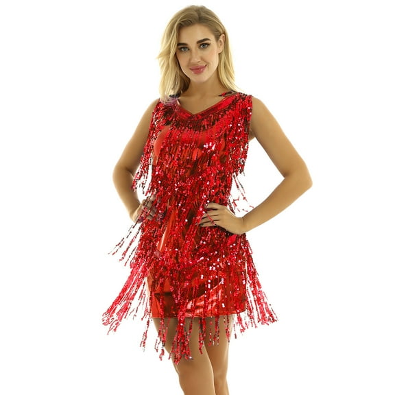Eandarui Latin Dance Dress for Women Flapper Modern Salsa Rumba Ballroom Dance Costume Silver Fringe Red M