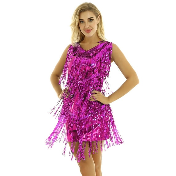 Eandarui Latin Dance Dress for Women Flapper Modern Salsa Rumba Ballroom Dance Costume Silver Fringe Rose M