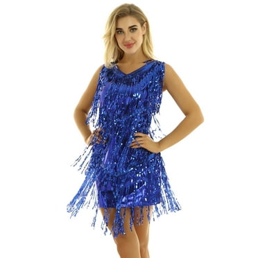 Eandarui Latin Dance Dress for Women Flapper Modern Salsa Rumba Ballroom Dance Costume Silver Fringe Royal Blue M