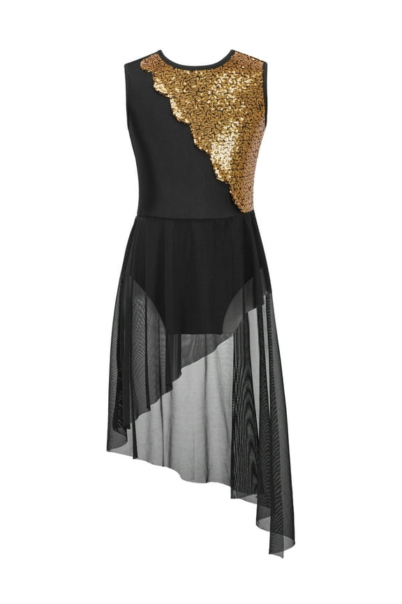 Lyrical Ballet Dance Costumes for Girls Sequins Contemporary Dancewear Asymmetrical Mesh Black 14