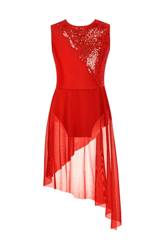 Lyrical Ballet Dance Costumes for Girls Sequins Contemporary Dancewear Asymmetrical Mesh Red 10
