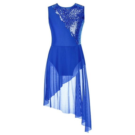 Eandarui Lyrical Ballet Dance Costumes for Girls Sequins Contemporary Dancewear Asymmetrical Mesh Royal Blue 10