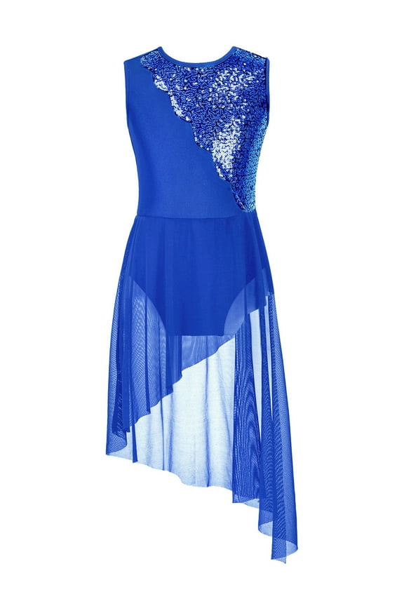 Lyrical Ballet Dance Costumes for Girls Sequins Contemporary Dancewear Asymmetrical Mesh Royal Blue 6