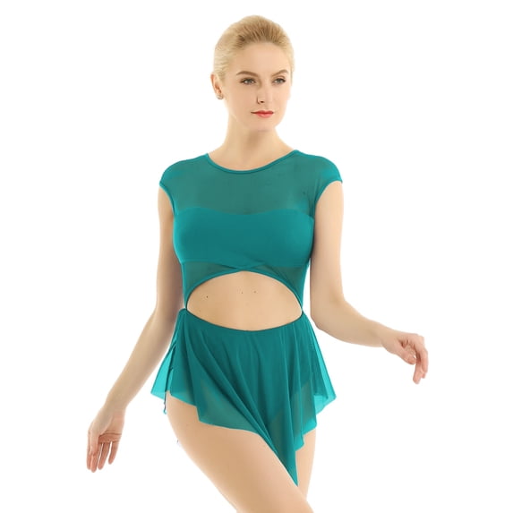 Eandarui Lyrical Women's Asymmetrical Mesh Cutout Tank Dress Latin Lyrical Modern Dancing Dress Teal M