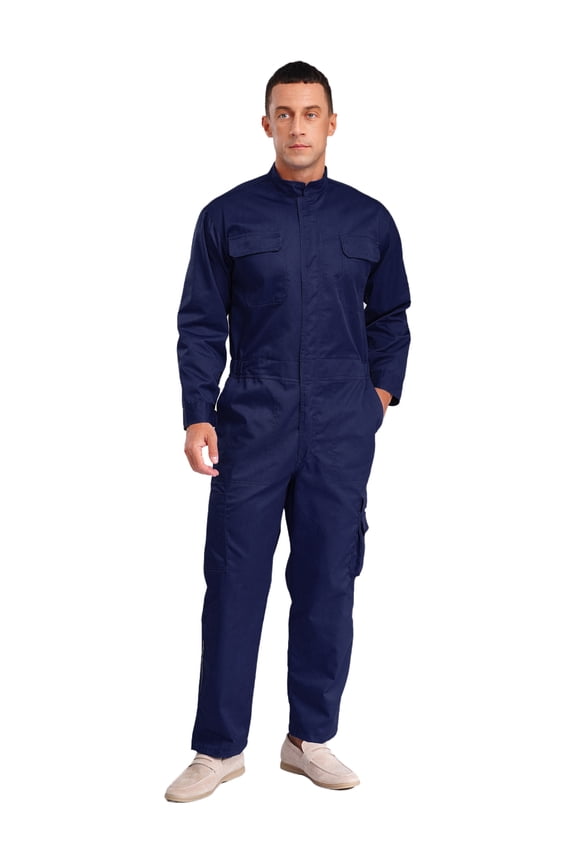 Men Long Sleeve Wide Leg Mechanic Overall Workshop Auto Workwear Work Jumpsuit Coverall Navy Blue 5XL