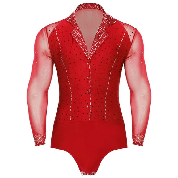 Eandarui Men Sheer Mesh Latin Ballroom Dance Leotard Shiny Bodysuit Cha-Cha Ballet Dance Class Red XXL