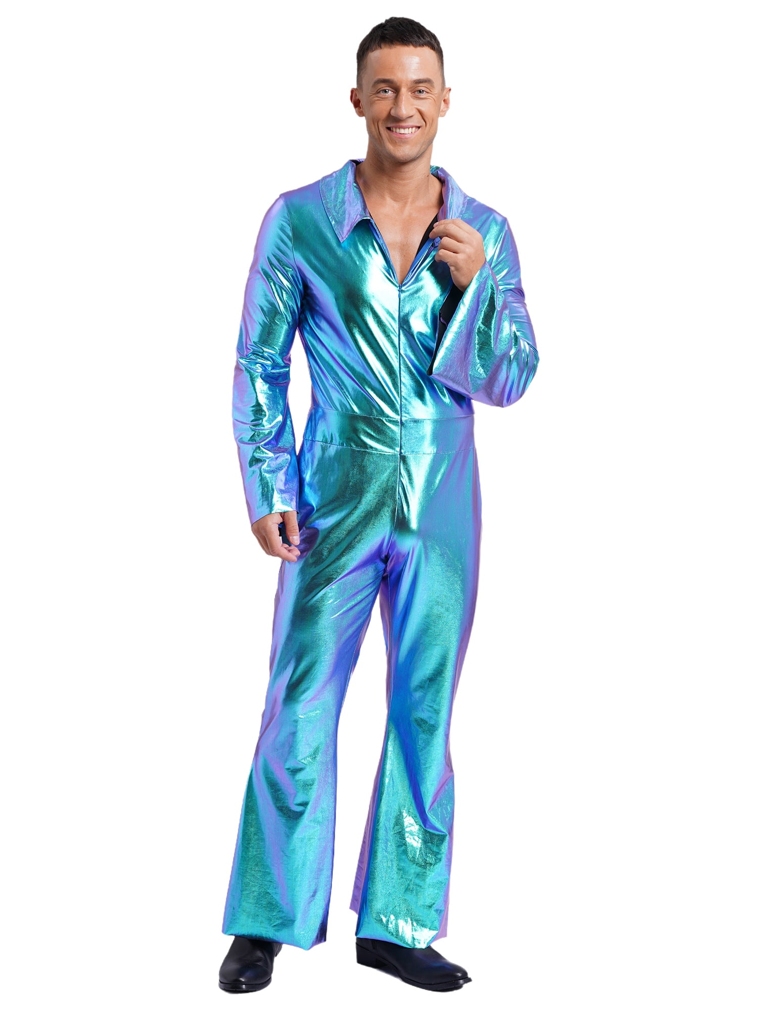 Eandarui Men s 70s Disco Metallic Shiny Jumpsuit Costume Lapel Flare Long Sleeve One Piece Rompers Blue XXL Walmart