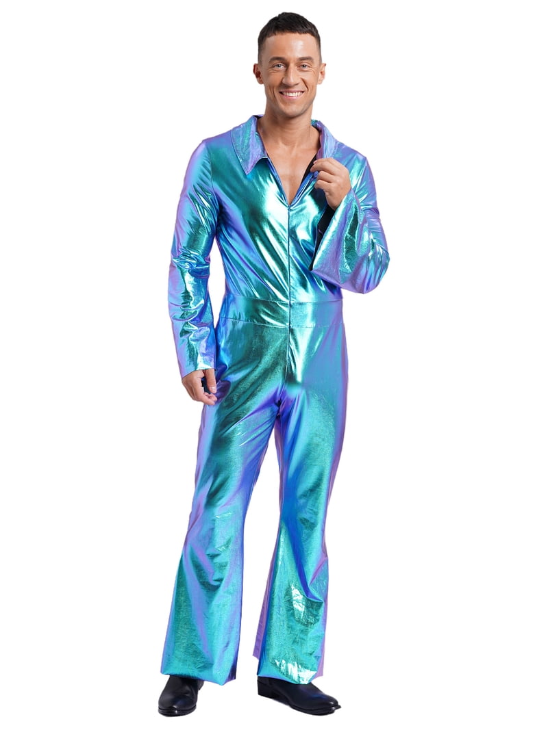 【70s】ビンテージ ディスコ・スーツ セットアップ スカイブルー 超希少！ Eandarui Men's 70s Disco Metallic Shiny Jumpsuit Costume Flare
