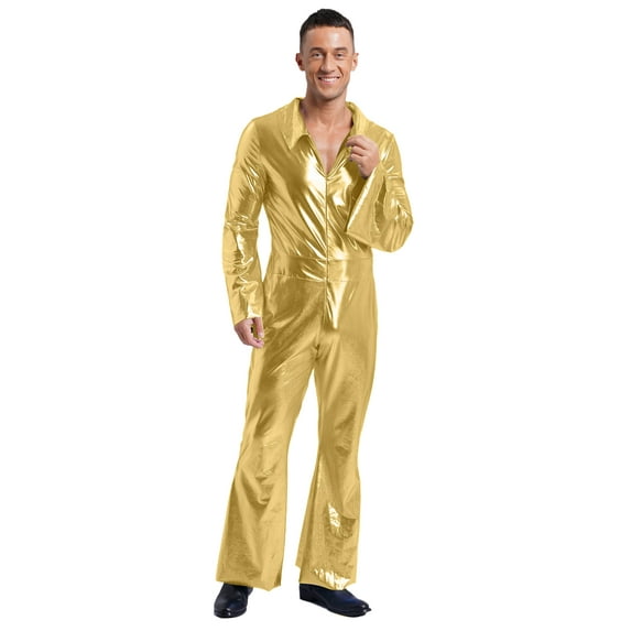 Eandarui Men's 70s Disco Metallic Shiny Jumpsuit Costume Flare Long Sleeve One Piece Rompers Gold XL
