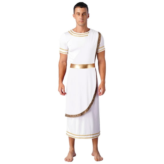 Eandarui Men's Ancient Greek Costume Robe Short Sleeve Retro Gold Decoration Mr Toga Outfits White L