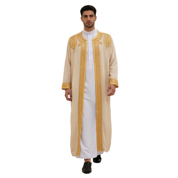 Eandarui Men's Gold Trim Embroidered Robe Muslim Prayer Thobe Long Sleeve Pullover Robe Cardigan Champagne 58