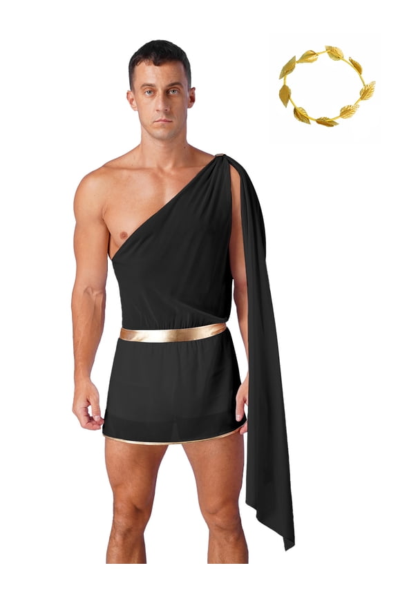 Men's Greek Toga Costume Sets Adult Classic Toga Cosplay Roman Costume with Gold Laurel Black S