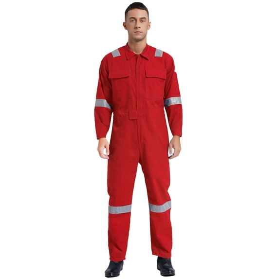 Eandarui Men's Long Sleeve Work Coveralls Cotton Reflective Safety Mechanics Jumpsuits Workwear Overall Red M/165