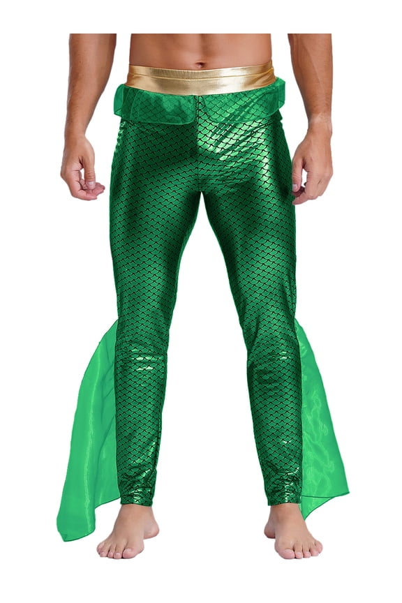 Men's Mermaid Pants King of The Seas Costume Metallic Shiny Ruffled Tulle Trims Leggings Green S