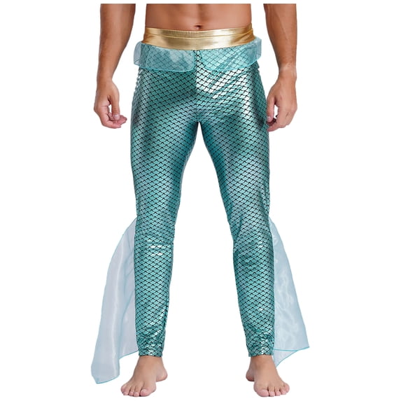 Eandarui Men's Mermaid Pants King of The Seas Costume Metallic Shiny Ruffled Tulle Trims Leggings Mint Green 4XL