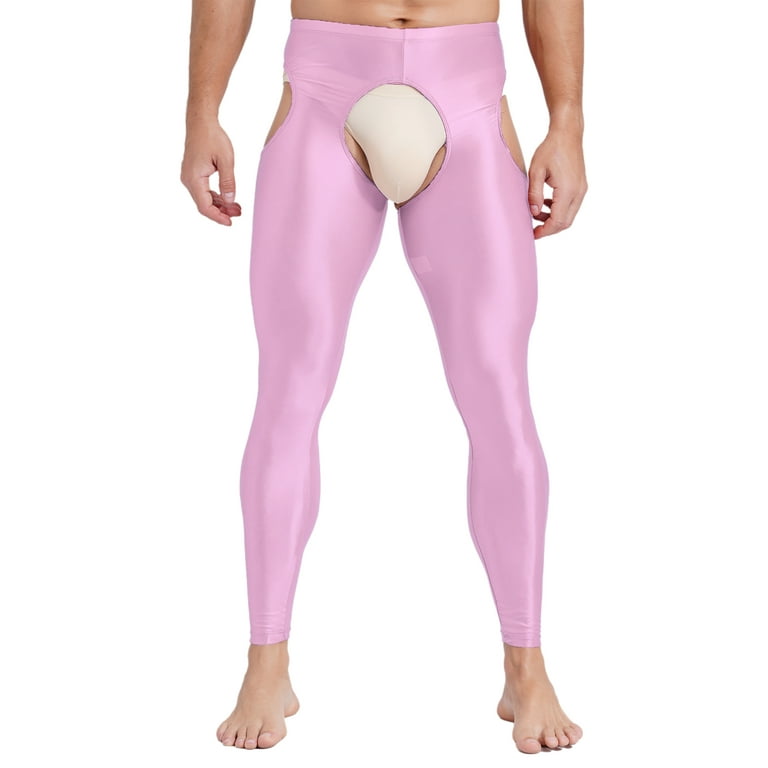 Eandarui Men s Oil Glossy Compression Tights Leggings Running Sports Workout Cutout Long Pants Pink L Walmart