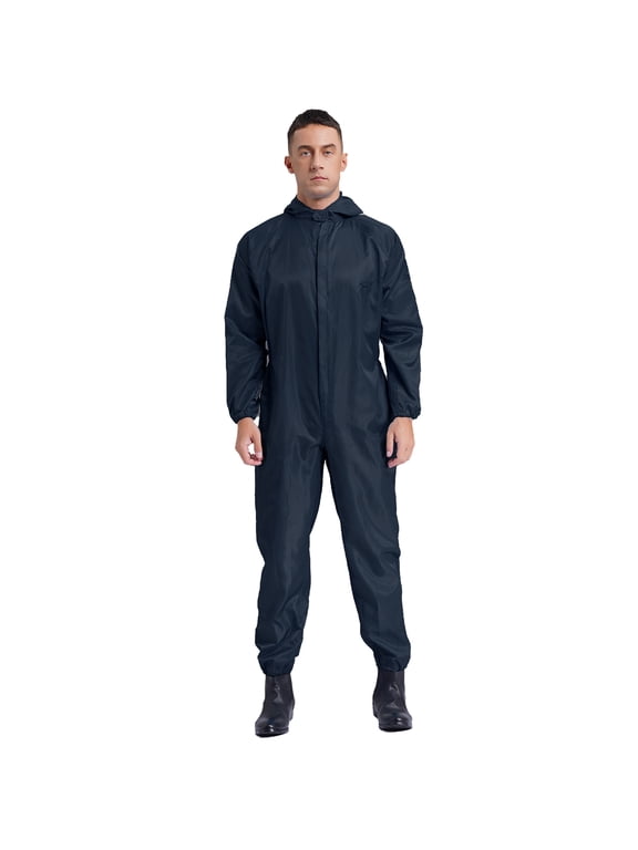 Men's One Piece Work Uniform Jumpsuit Long Sleeve Hooded Coveralls Mechanics Work Clothes Navy Blue L