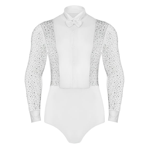 Eandarui Men's Shiny Latin Ballet Dance Shirt Leotard Long Sleeve Ballroom Samba Salsa Bodysuit White M