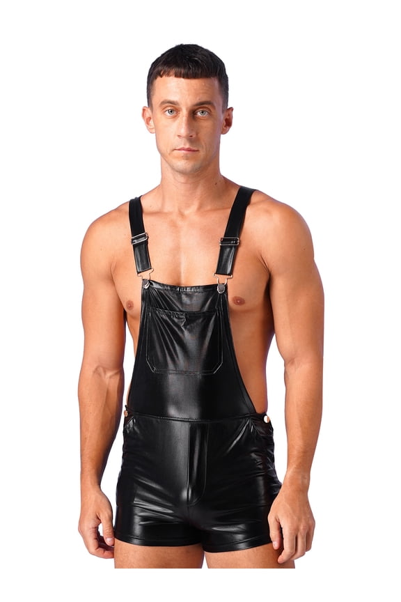 Men's Shiny Metallic Wide Shoulder Straps Suspender Shorts Bib Overall Fancy Dress Clubwear Black XL