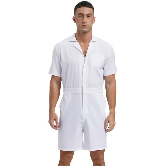 Eandarui Men's Short Sleeve Romper Jumpsuit One Piece Turn-down Collar Zip-Front Overall with Pocket White 3XL