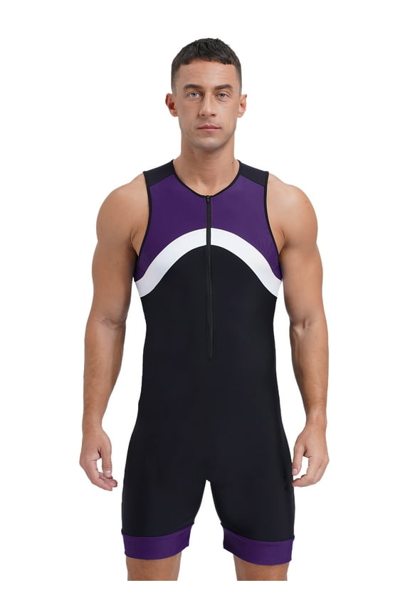 Men's Sun Protection Jumpsuit Sleeveless Rash Guard Zipper Bodysuit Swimwear Surfing Bathing Purple M