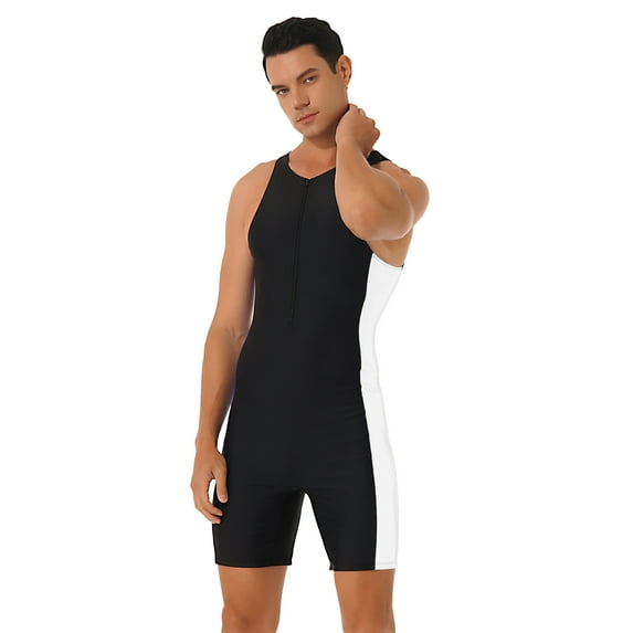 Eandarui Men's UPF 50+ Athletic One Piece Swimwear Swimsuit Rash Guard Bodysuit Leotard Bathing Black&White S