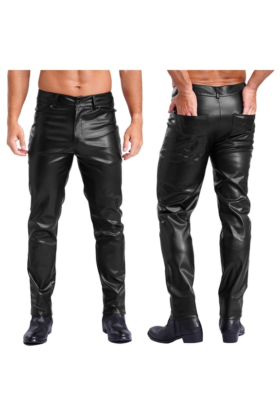 Men's Wetlook PVC Leather Tight Pants Leggings Zipper Front Long Pencil Trousers Clubwear Black XXL