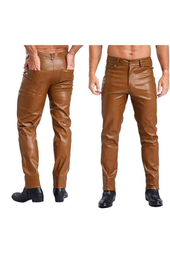 Men's Wetlook PVC Leather Tight Pants Leggings Zipper Front Long Pencil Trousers Clubwear Brown 5XL