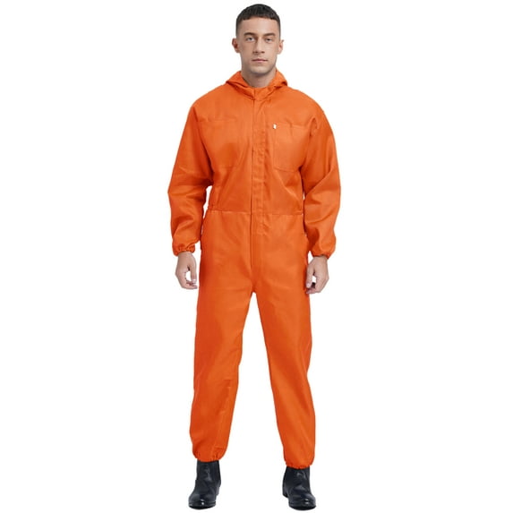 Eandarui Men's Work Overalls One Piece Mechanics Workwear Long Sleeves Jumpsuit with Hooded Orange M/165
