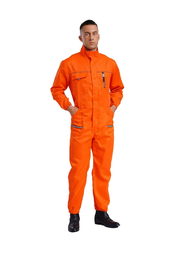 Men's Work Overalls One Piece Mechanics Workwear Long Sleeves Multiple Pockets Jumpsuit Orange 170/L
