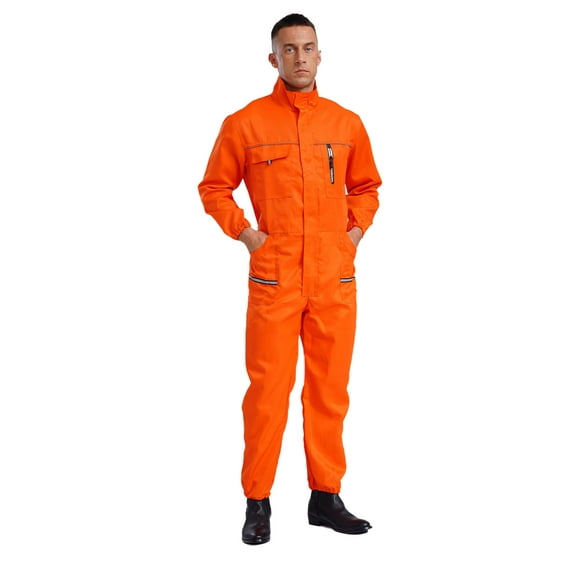 Eandarui Men's Work Overalls One Piece Mechanics Workwear Long Sleeves Multiple Pockets Jumpsuit Orange 195/5XL