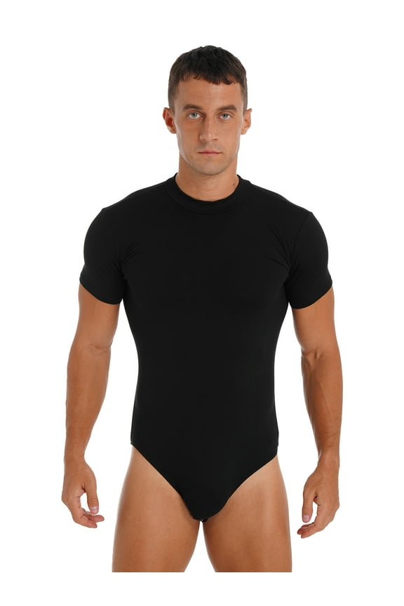 Mens Crew Neck Tank Top Undershirts Solid Color Leotard Bodysuit Press Botton Crotch Shirt Black L