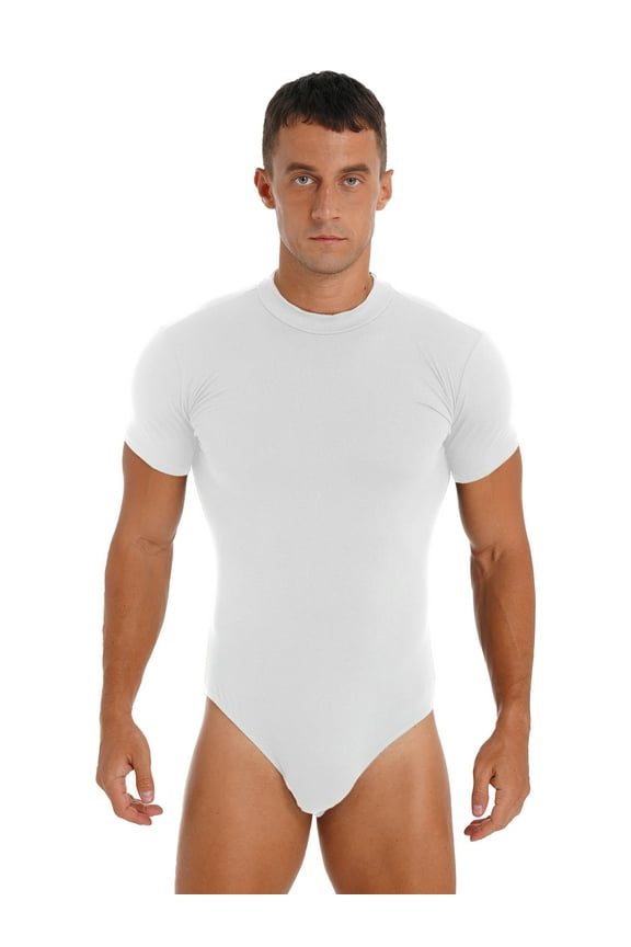 Mens Crew Neck Tank Top Undershirts Solid Color Leotard Bodysuit Press Botton Crotch Shirt White L