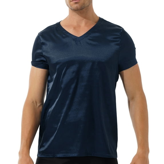 Eandarui Mens Nightwear Comfy Nightshirt V Neck Short Sleeve Satin T-Shirt Loose Pajama Blouses Navy Blue XXL