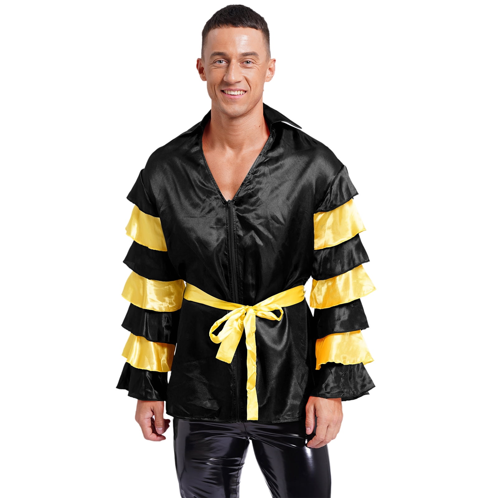 Eandarui Mens Shiny Satin Rumba Shirt with Belt Contrast Tiered Flare ...