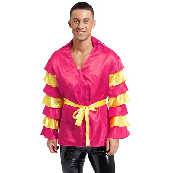 Eandarui Mens Shiny Satin Rumba Shirt with Belt Contrast Tiered Flare Sleeve Shirt Top for Dancing Hot Pink XXL