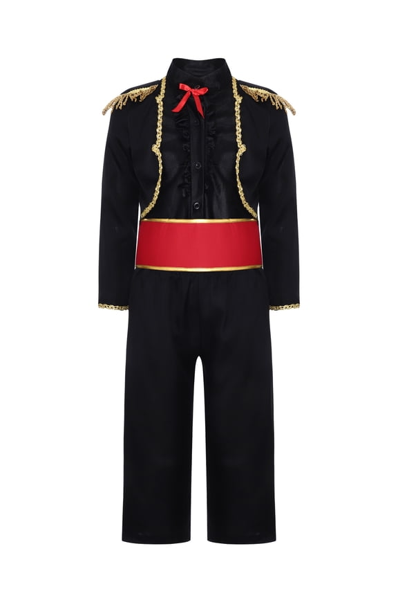 Mexican Mariachi Costume for Kids Spanish Bull Dance Outfit Long Sleeve Top with Pants Black S