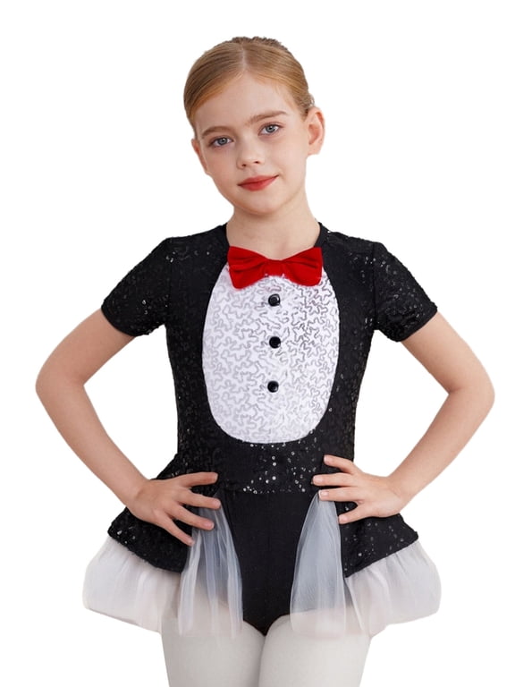 Penguin Style Girls Dance Dress Sequin Ballet Leotard with Tutu Skirt Kids Modern Dancewear Black 6