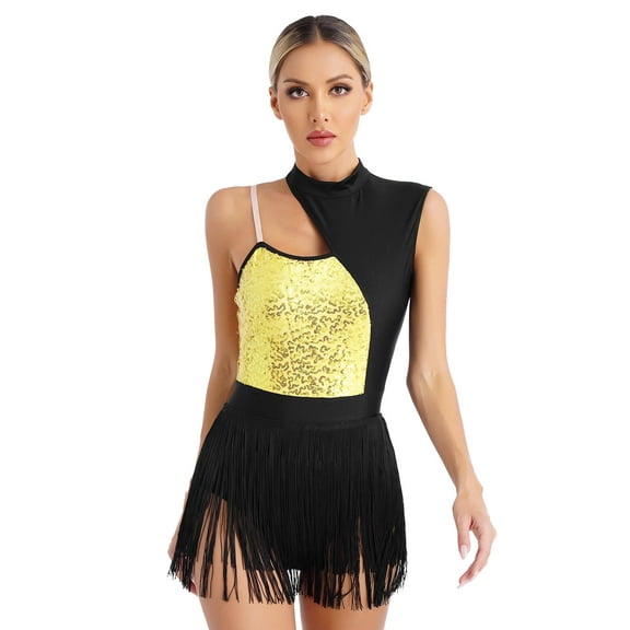 Eandarui Women Fringe Latin Dance Leotard Sleeveless Cha-cha Rumba Salsa Dance Costume Cocktail Party Gold S