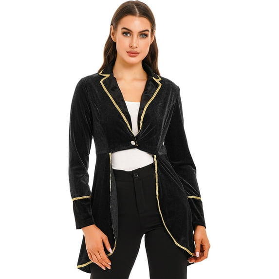 Eandarui Women Halloween Velvet Swallow-Tailed Coat Victorian Tailcoat Jacket Cosplay Black 3XL