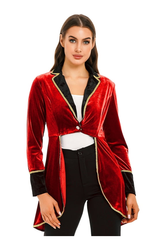 Women Halloween Velvet Swallow-Tailed Coat Victorian Tailcoat Jacket Cosplay Red XXL